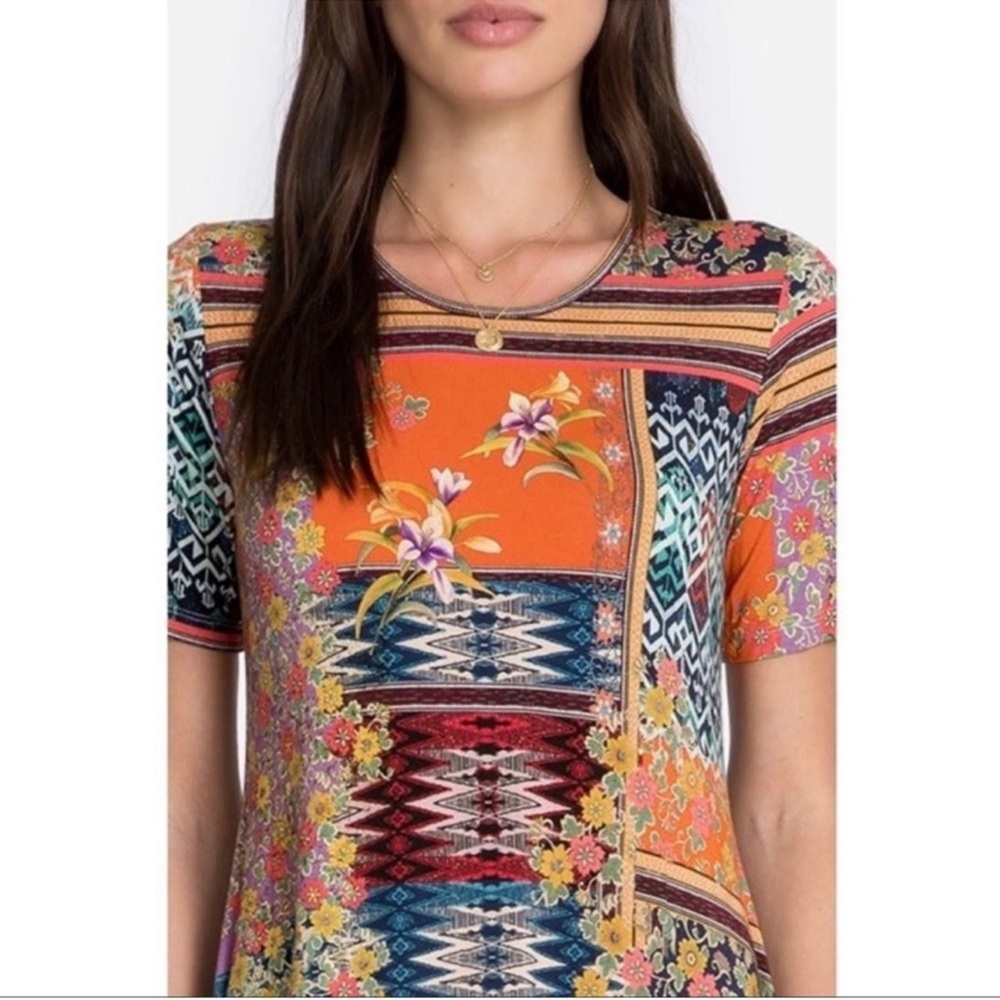 Johnny Was Orange and Blue Patterned Midi Dress